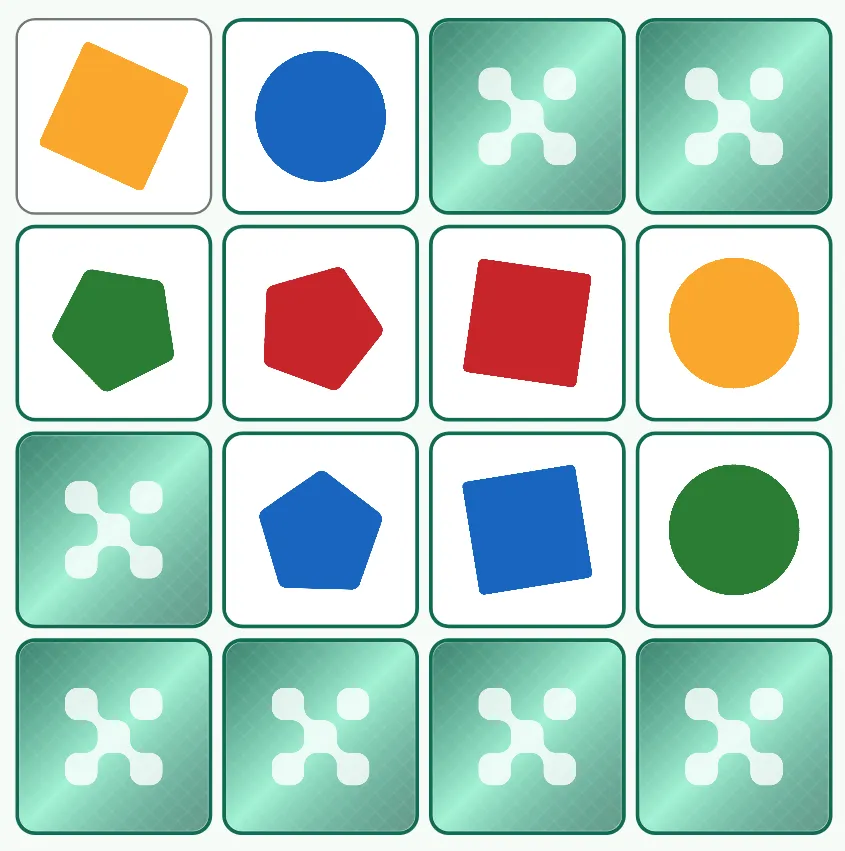 Le plateau de la manche des Formes plus avancé : neuf cartes révélées, qui forment trois séries de trois cartes de la même forme, cercles, carrés et pentagones.