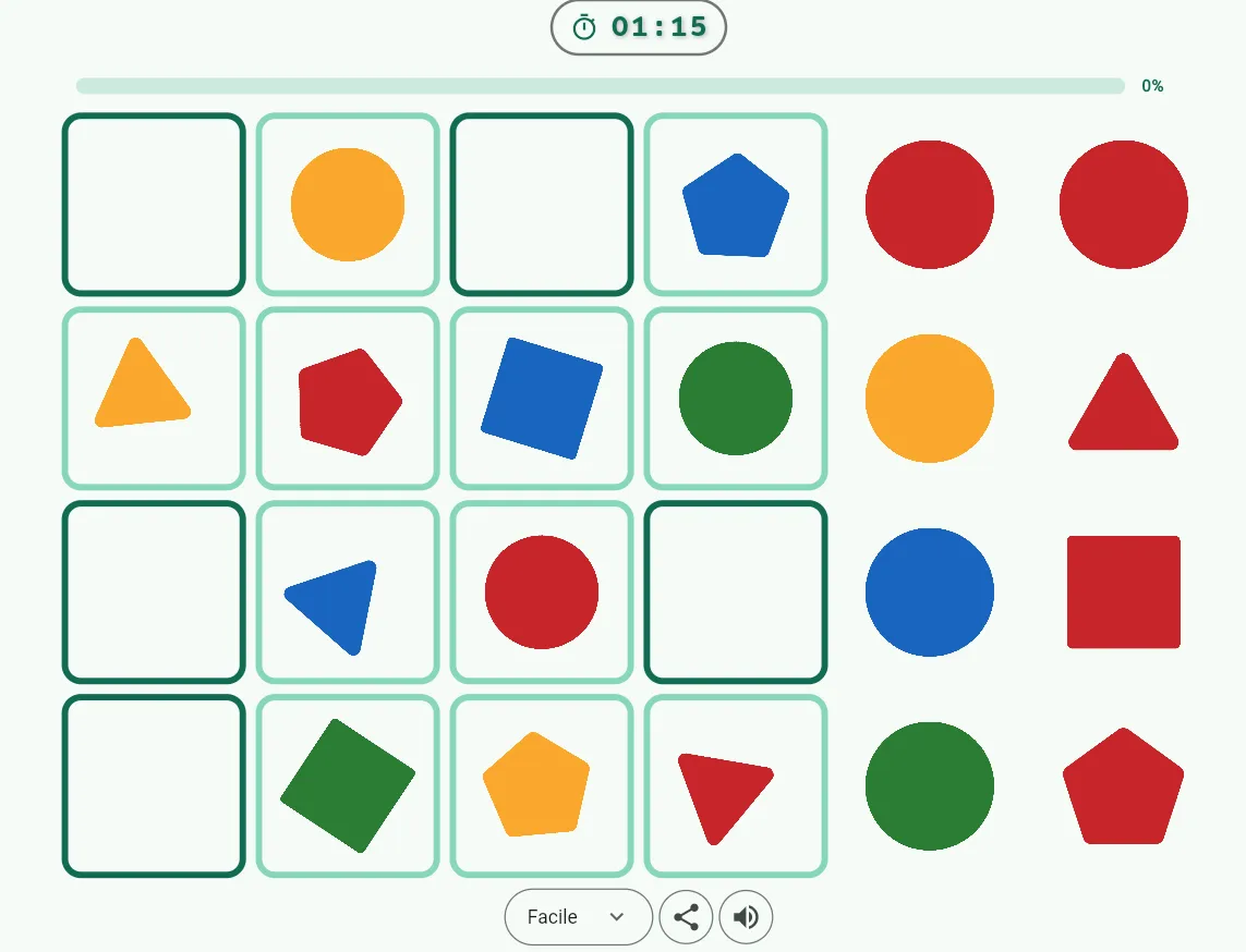 Une grille 4×4 du jeu en cours : des cartes forme et couleur déjà posées, des cases vides, les cartes à glisser à droite et le chrono en haut de l’écran.